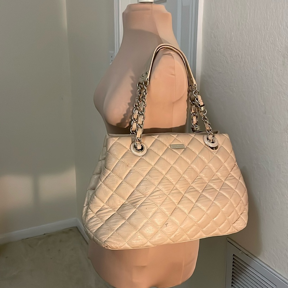 KATE SPADE Tan 100% Leather Quilted Tote Satchel Gold Chain Straps sold AS IS